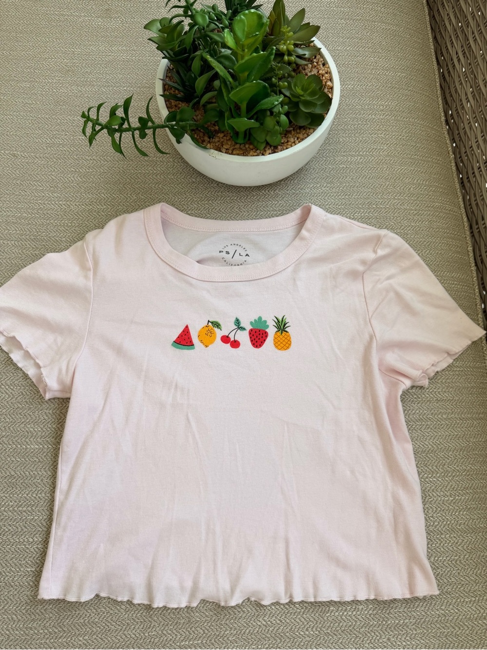 Los Angeles Apparel Light Pink Crop Tee with Fruit Embroidery